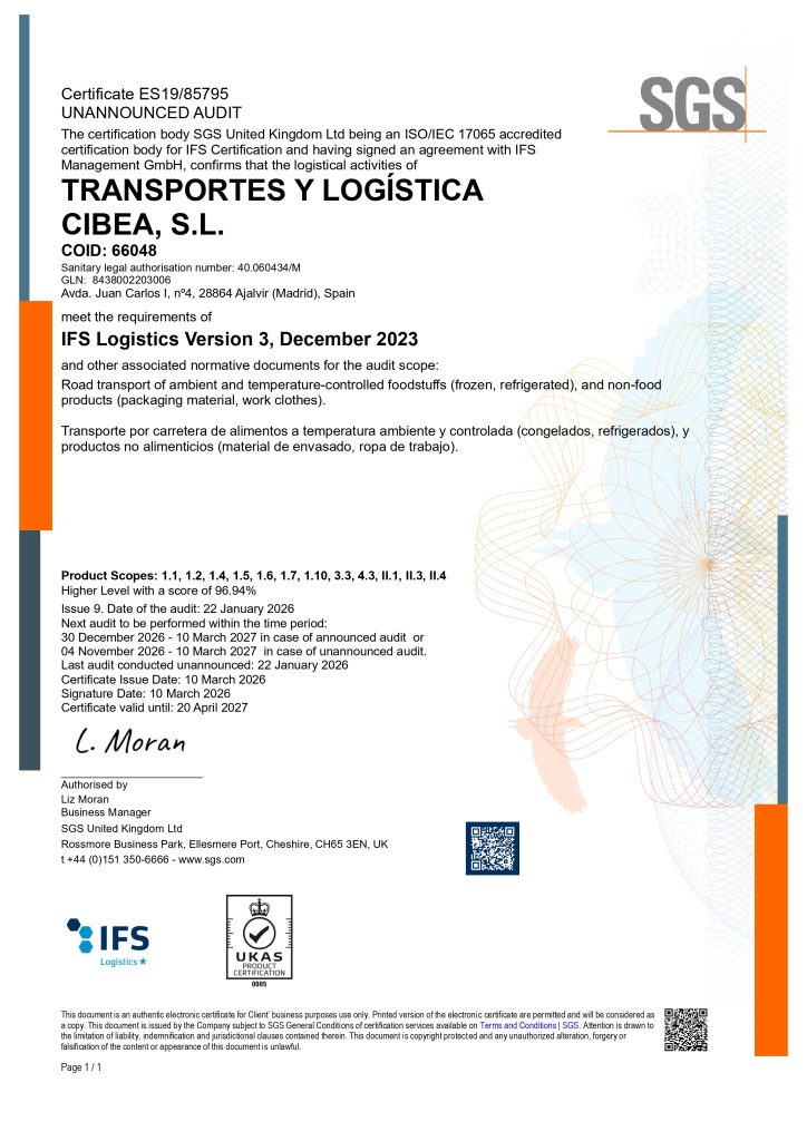 Certificación IFS Logistics 3.0 CIBEA transporte refrigerado cadena de frío